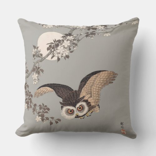 Japanese Owl Night Moon Woodcut Flying Night Throw Pillow