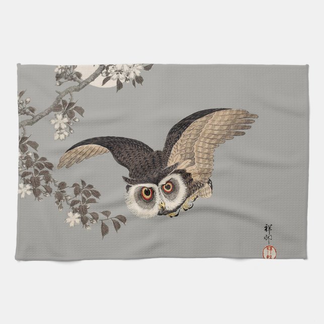 Japanese Owl Night Moon Woodcut Flying Night Towel (Horizontal)