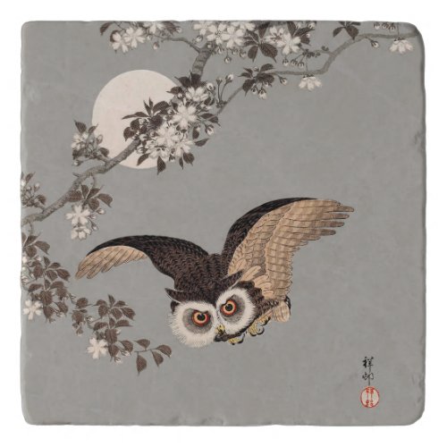 Japanese Owl Night Moon Woodcut Flying Night Trivet