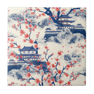 Japanese Pagoda Cherry Blossom Blue Cream Ceramic Tile