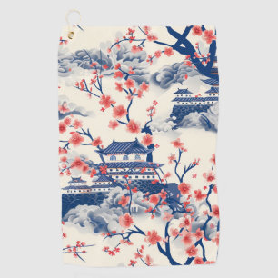 Japanese Pagoda Cherry Blossom Blue Cream Golf Towel