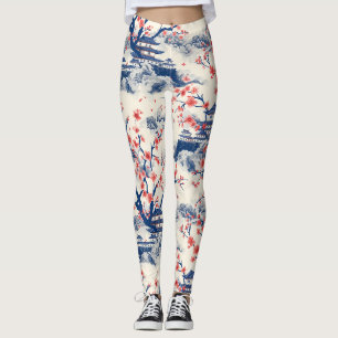 Japanese Pagoda Cherry Blossom Blue Cream Leggings