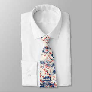 Japanese Pagoda Cherry Blossom Blue Cream Neck Tie