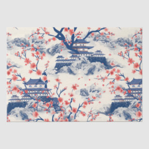 Japanese Pagoda Cherry Blossom Blue Cream Tissue Paper