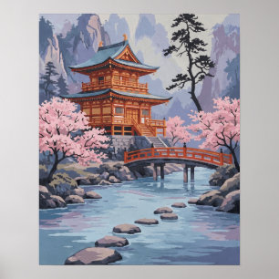 Japanese Pagoda Cherry Blossom Landscape Art Poster