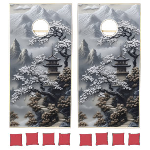 Japanese Pagoda Cherry Blossom Mountain Landscape Cornhole Set