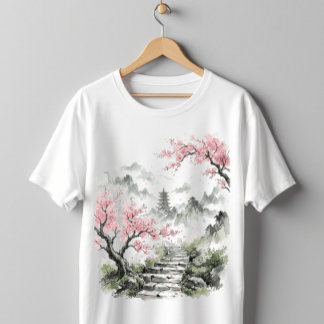 Japanese Pagoda & Cherry Blossom Watercolor Art T-Shirt
