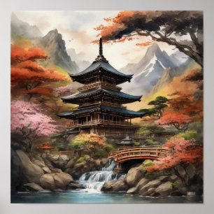 Japanese Pagoda Near a Waterfall Poster