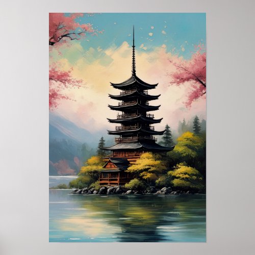 Japanese Pagoda on Rocky Shore Poster