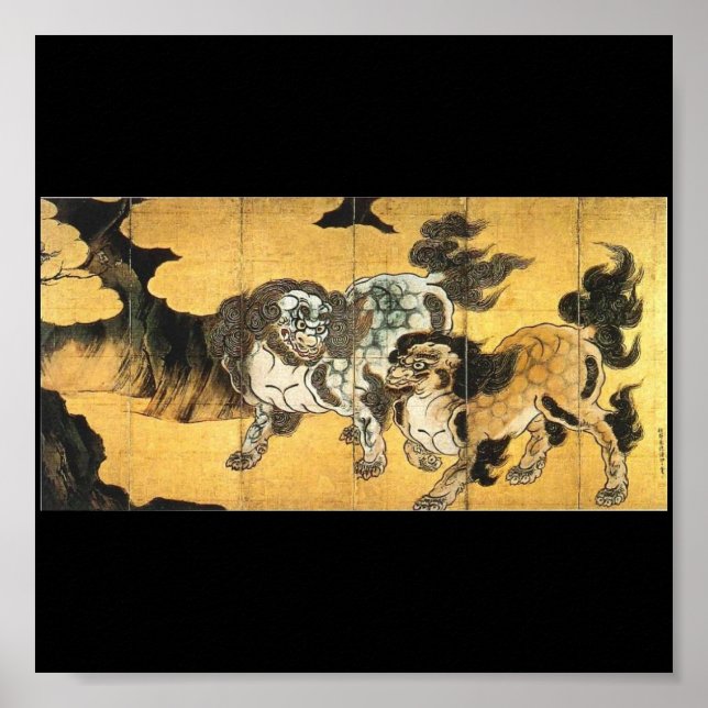 Japanese Painting of Chinese Lions c. 1500's Poster (Front)