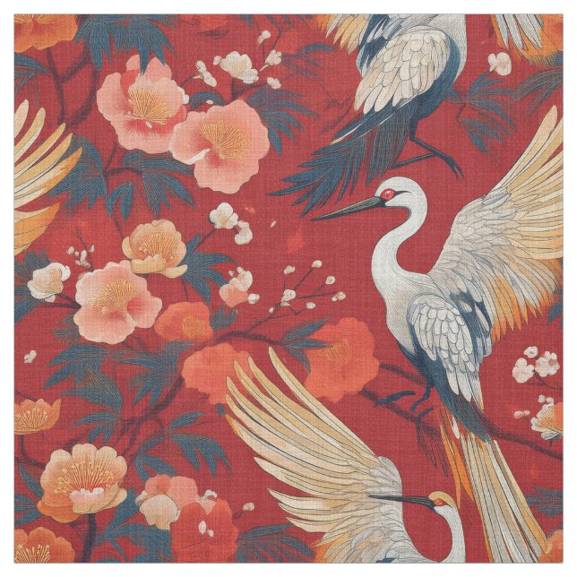 Japanese pattern fabric red cranes and peony (Swatch)