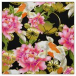 Japanese pattern fabric with Koi, flowers and mon