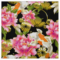 Japanese pattern fabric with Koi, flowers and mon