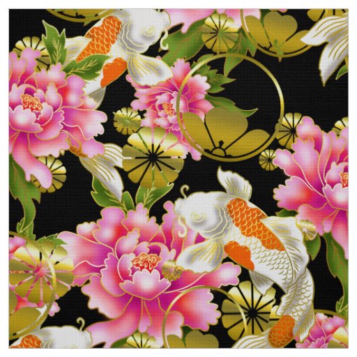 Japanese pattern fabric with Koi, flowers and mon