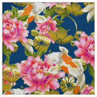 Japanese pattern fabric with Koi, flowers and mon