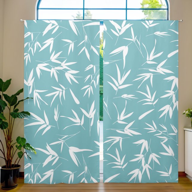 Japanese pattern white on light-blue bamboo leaves blackout curtains (Living Room)