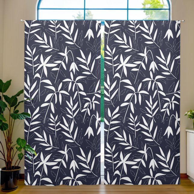 Japanese pattern white stylized bamboo leaves blackout curtains (Living Room)