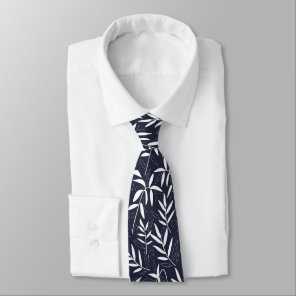 Japanese pattern white stylized bamboo leaves neck tie