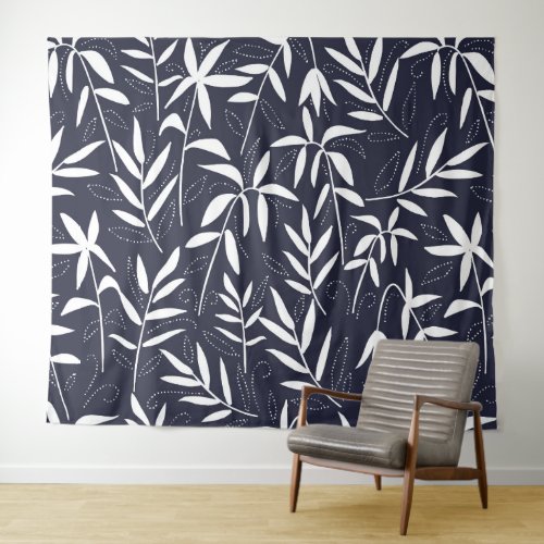 Japanese pattern white stylized bamboo leaves tapestry