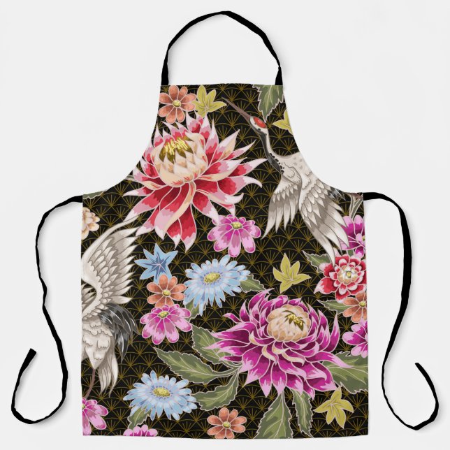 Japanese pattern with flowers and white cranes apron (Front)