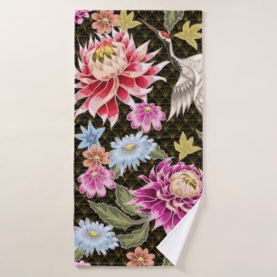 Japanese pattern with flowers and white cranes bath towel