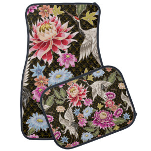 Japanese pattern with flowers and white cranes car floor mat