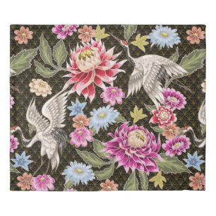 Japanese pattern with flowers and white cranes duvet cover
