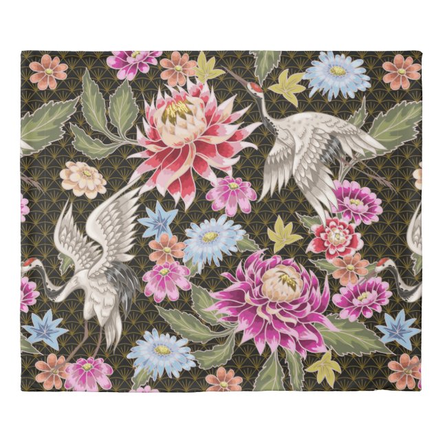 Japanese pattern with flowers and white cranes duvet cover (Front)