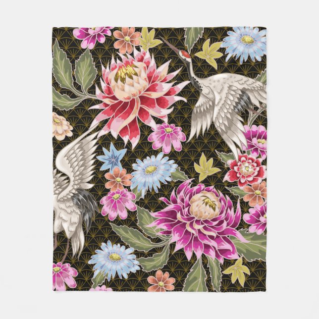 Japanese pattern with flowers and white cranes fleece blanket (Front)