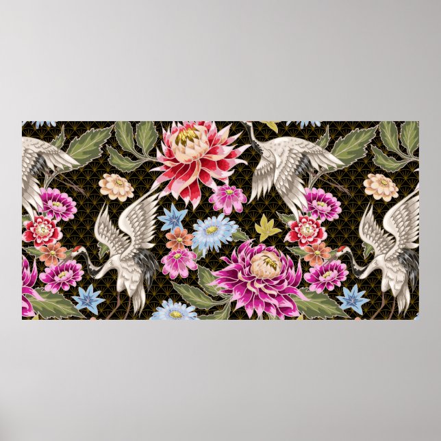 Japanese pattern with flowers and white cranes poster (Front)