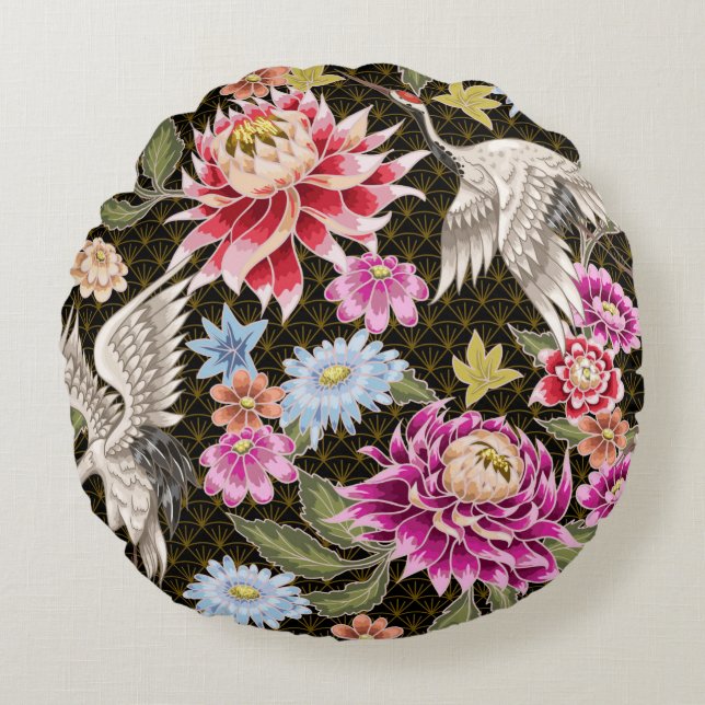 Japanese pattern with flowers and white cranes round pillow (Front)