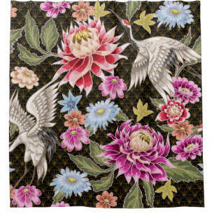 Japanese pattern with flowers and white cranes shower curtain