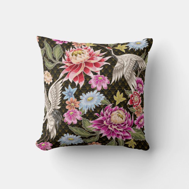 Japanese pattern with flowers and white cranes throw pillow (Front)