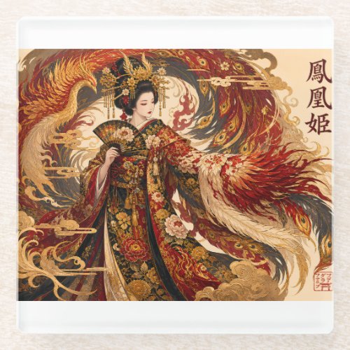 Japanese Phoenix Geisha Art | Mythology Design Glass Coaster