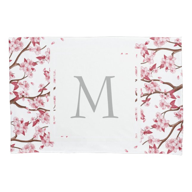 Japanese Pink Cherry Blossoms - Monogrammed Pillow Case (Front)