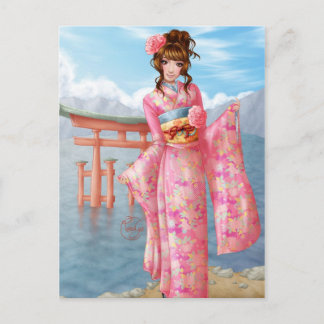 Japanese pink kimono postcard