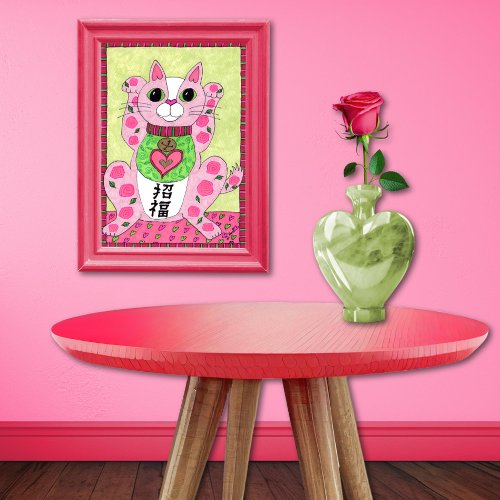 Japanese Pink Lucky Cat Maneki Neko Folk Art Poster