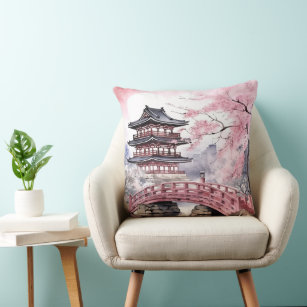 Japanese Pink Sakura Pagoda and Bridge  Throw Pillow