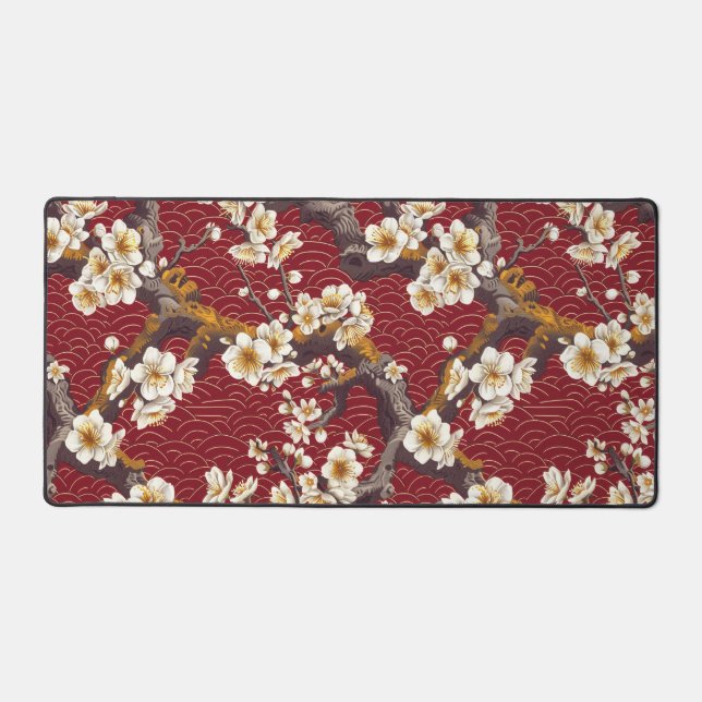 Japanese Plum Blossom Coral Cream Burgundy Pattern Desk Mat (Front)