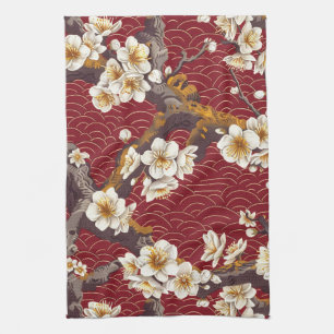 Japanese Plum Blossom Coral Cream Burgundy Pattern Kitchen Towel