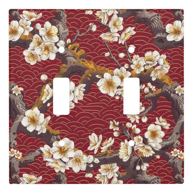Japanese Plum Blossom Coral Cream Burgundy Pattern Light Switch Cover (Front)
