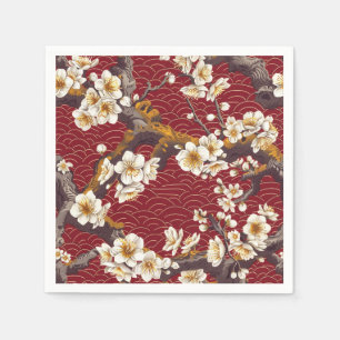 Japanese Plum Blossom Coral Cream Burgundy Pattern Napkins