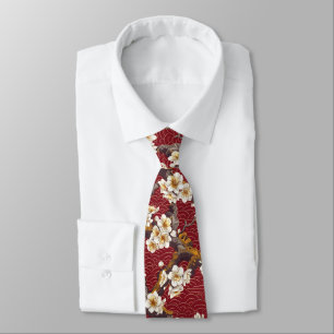 Japanese Plum Blossom Coral Cream Burgundy Pattern Neck Tie