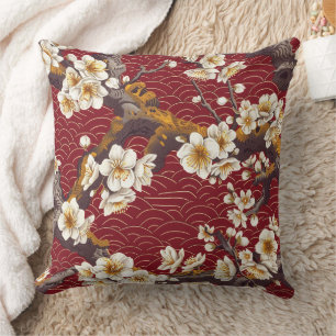 Japanese Plum Blossom Coral Cream Burgundy Pattern Throw Pillow