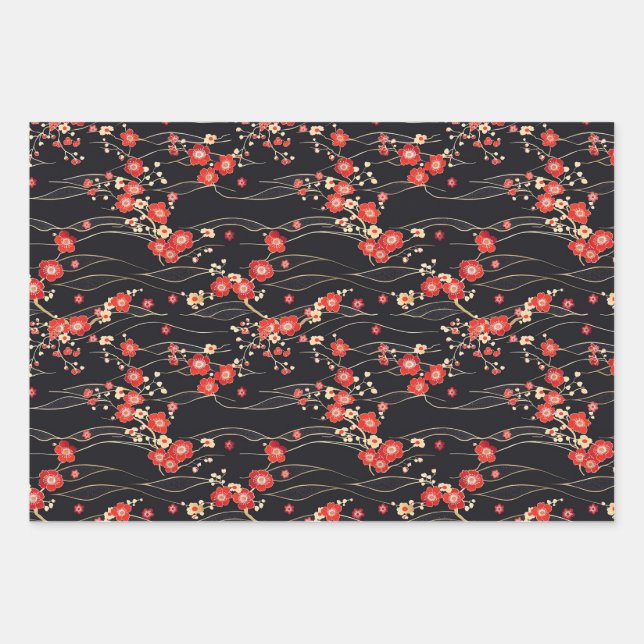 Japanese Plum Blossom Wave Pattern Wrapping Paper Sheets (Front)