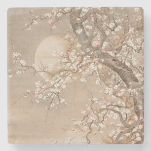 Japanese plum blossoms in moonlight by Sō Shizan Stone Coaster