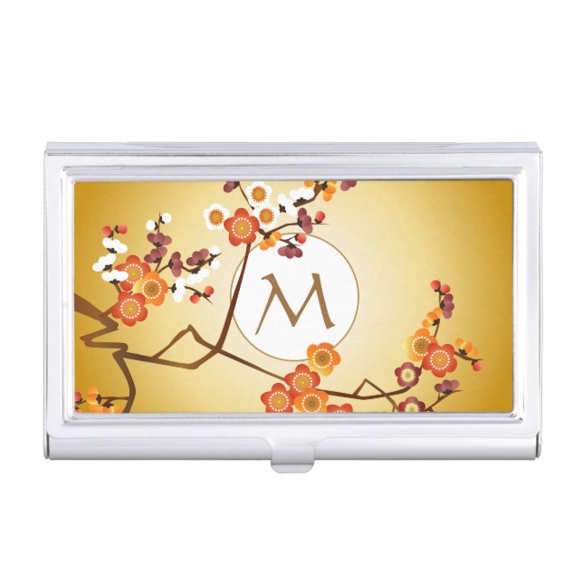 Japanese Plum Blossoms Moon Gold Orange Red Branch Business Card Holder (Front)