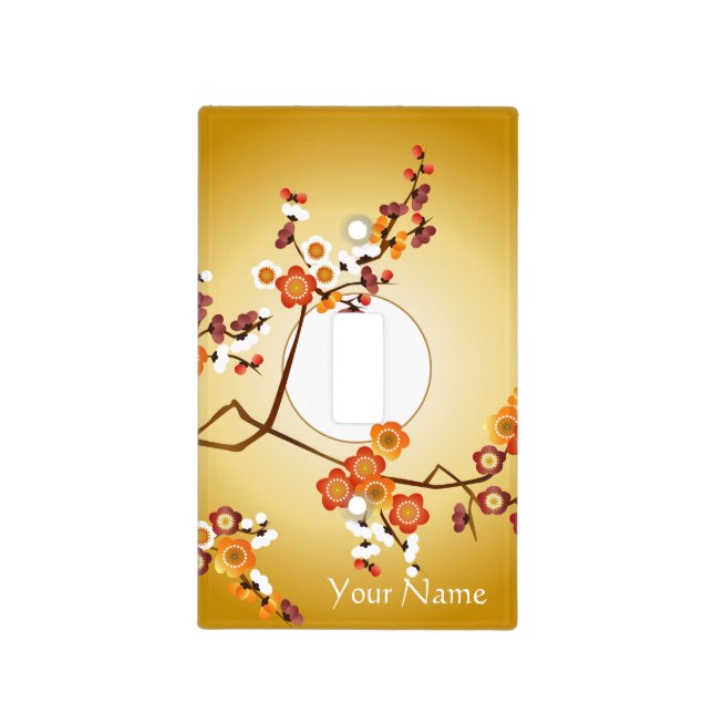 Japanese Plum Blossoms Moon Gold Orange Red Branch Light Switch Cover (Front)