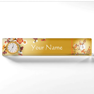 Japanese Plum Blossoms Moon Gold Orange Red Branch Nameplate