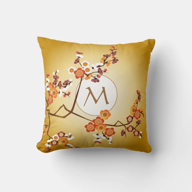 Japanese Plum Blossoms Moon Gold Orange Red Branch Throw Pillow (Front)